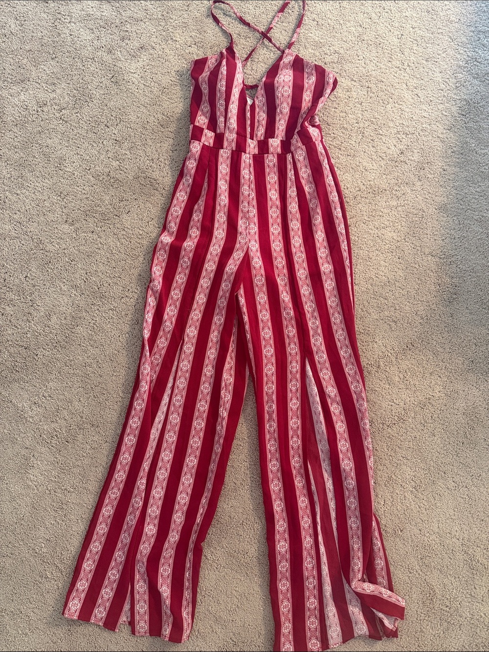 Red Striped V-Neck Wide-Leg Jumpsuit